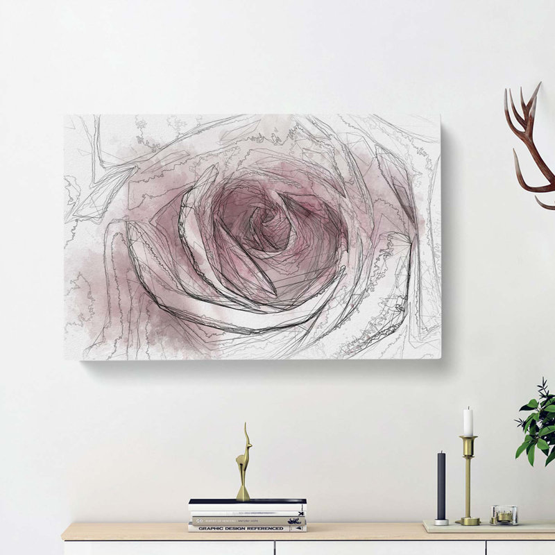 Pretty in Pink Rose Flower in Abstract - Wrapped Canvas Drawing - Wrapped Canvas, 35cm H x 50cm W x 3cm D