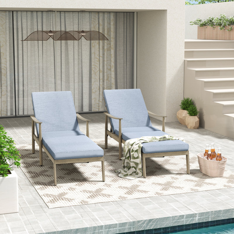 Raik Outdoor Metal Chaise Lounge Set , Cushion Included, Blue Cushion/Light Brown Frame