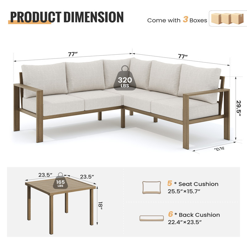 5-Person Metal Outdoor Sectional Sofa Set, Beige, Brown Wood-Grain Metal Frame