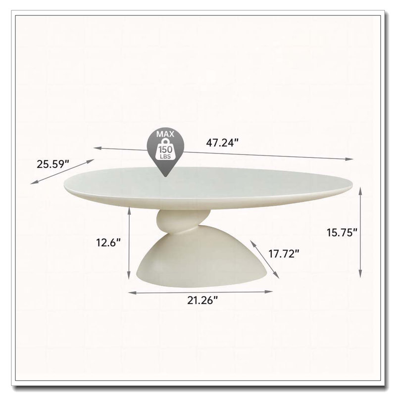 Table basse ovale en fibre de verre 47,27 "avec base sculpturale, Blanc lait