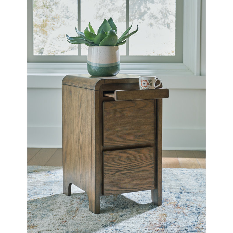 Light Brown Wood Rectangular End Table with Storage and USB Ports