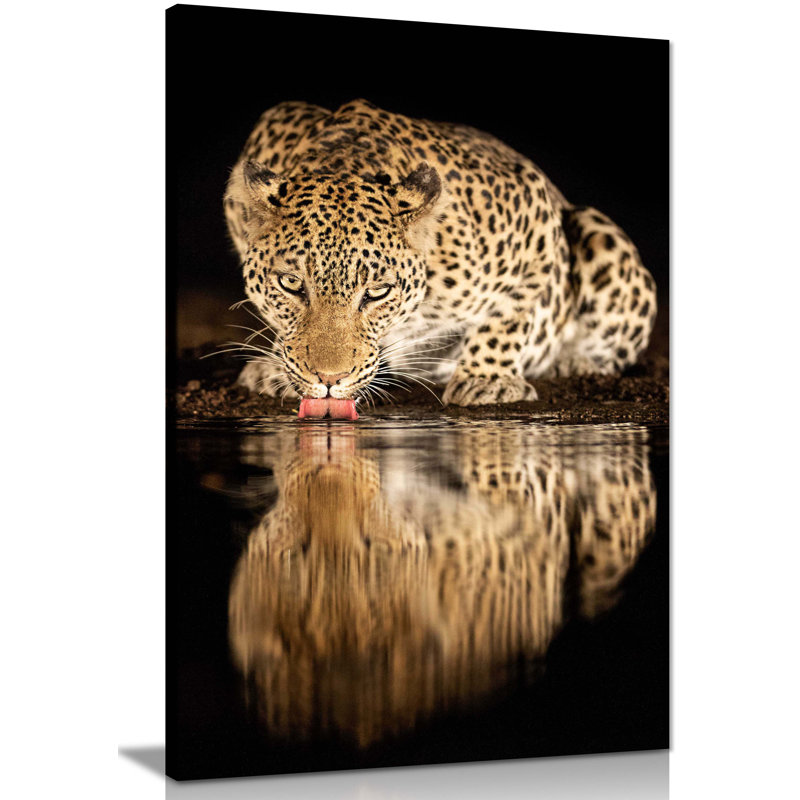 Drinking Yellow Jaguar Reflection In Water - Wrapped Canvas Print, 91cm H x 61cm W