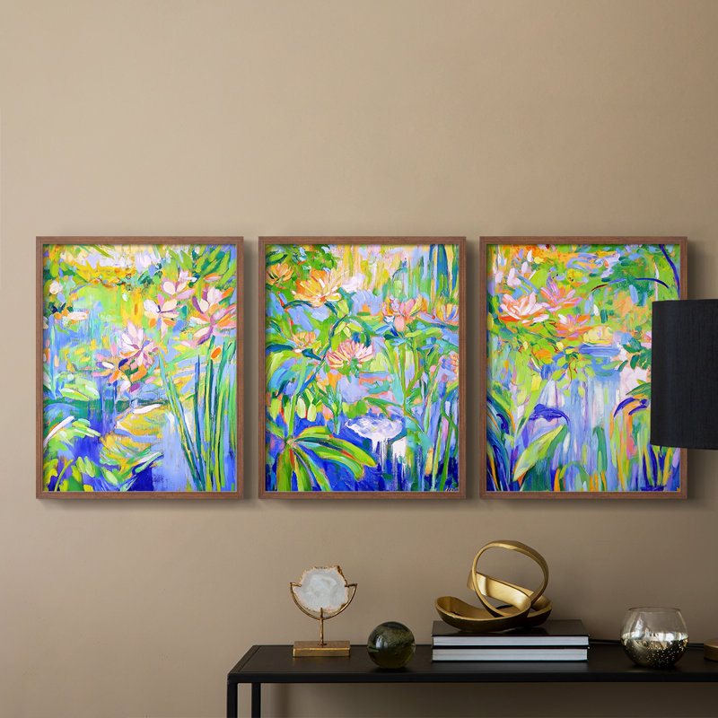 Ensemble de 3 estampes giclées encadrées Floral Series Series CLxxxiii - Prêt à être accroché, Noyer, H 14 po x l 33 po