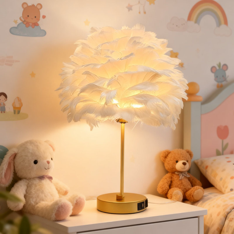 Modern Feather Table Lamp With Usb Charging Port Romantic Bedside Nightstand Light For Bedroom Living Room Wedding Decoration