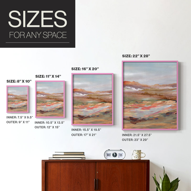 Reproduction encadrée peinte de paysage désertique - bois massif, Pink, H 30 po x l 24 po