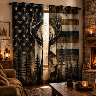 2Pcs Rustic American Flag Deer Head Print Ring Top Sun Blocking Curtains, Vintage Wood Grain Forest Scene Decorative for Living Room Bedroom for Home Dector