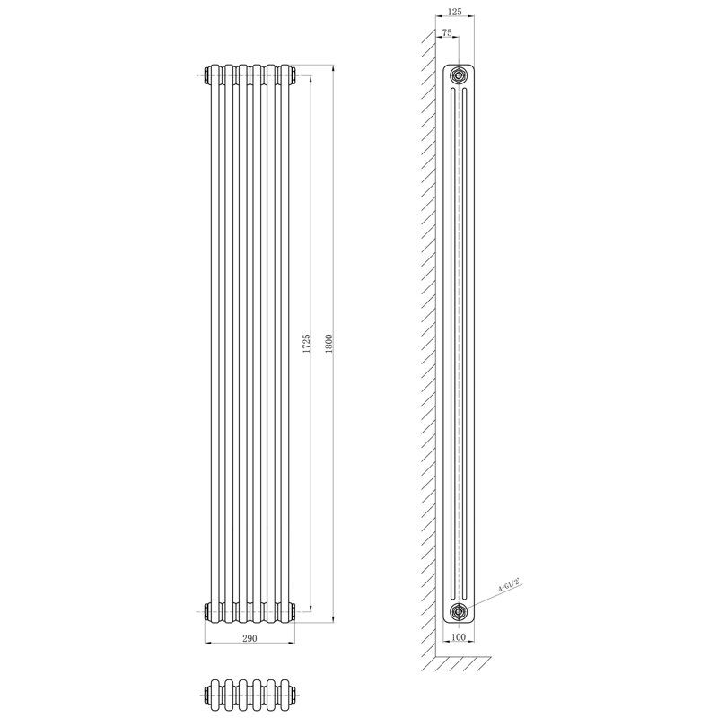 Uxbridge Vertical Traditional Colosseum Radiator, 1800mm H x 290mm W x 130mm D, Anthracite