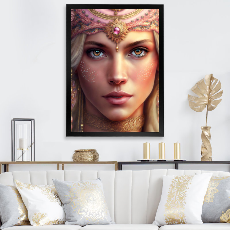 Femme bohémienne avec pierre rose sur toile, H 20 po x l 12 po x P 1 po, Cadre photo noir