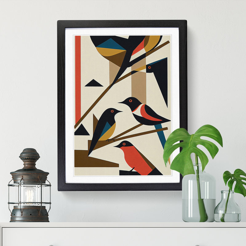 Magpie Bird Bauhaus - Single Picture Frame Print, 46cm H x 34cm W x 2cm D, Oak