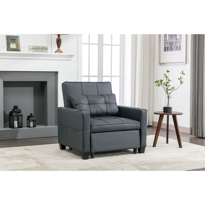 Futon fauteuil-lit escamotable 31 po, cuir noir, ajustable, tissu d'usure, porto, porte-gobelet, canapé-lit convertible en cuir déformable pour salon Tiny House
