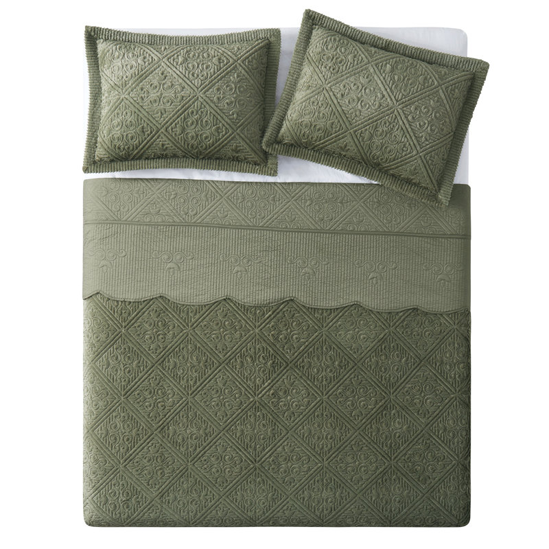 Westland Quilted Plush Bedspread Set, Olive Moss, Queen Bedspread + 2 Shams