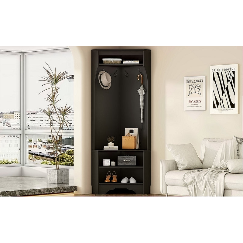 Minimalist Corner Hall Tree With Shoe Bench, Versatile Entryway Coat Rack With 4 Hooks, Corner Cabinet With Adjustable Shelf For Hallway, Living Room, 29.5''W*71.6''H