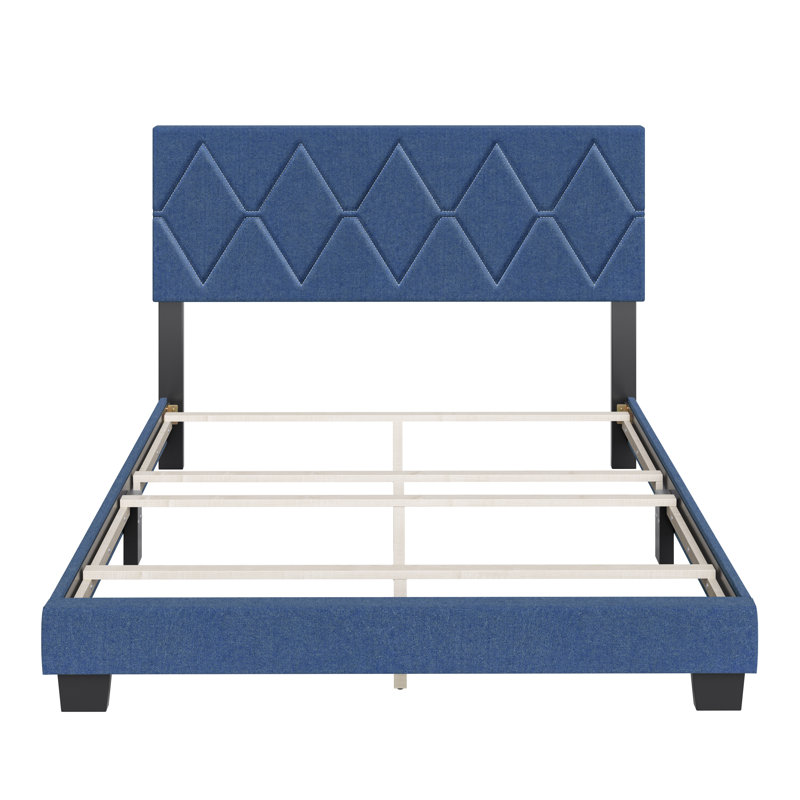 Structure de lit tapissier avec tête de lit Diamond Linen, Bleu, Simple