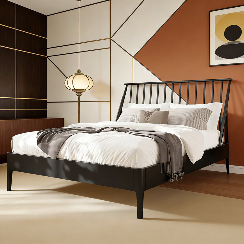Lit plateforme en bambou massif de style Mid-Century avec tête de lit à broche de 46,5 po de hauteur, lattes en bois et support en métal, aucun sommier requis