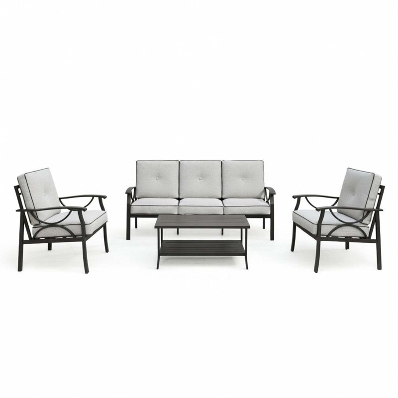 Ensemble de conversation toutes saisons en métal avec coussins épais et table, Gris, Noir