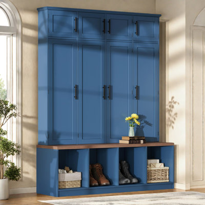 Farmhouse Hall Tree With 4 Hidden Hooks, Versatile Walnut Seating Bench And Shoe Cabinet,  For Entryway Organization And Style.
