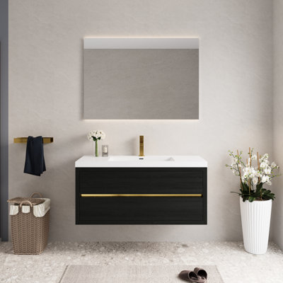 Meuble-lavabo mural 48 po avec lavabo, meuble de rangement flottant, comptoir en résine de pierre, bois, tiroirs à fermeture en douceur préassemblés, comptoir pour meuble longue durée, utilisation