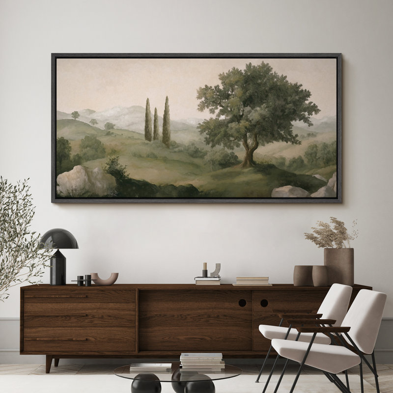 «Tuscan Hills and Cypress Trees», impression sur toile encadrée - décor de paysage méditerranéen, Noir, H 30 po x l 60 po