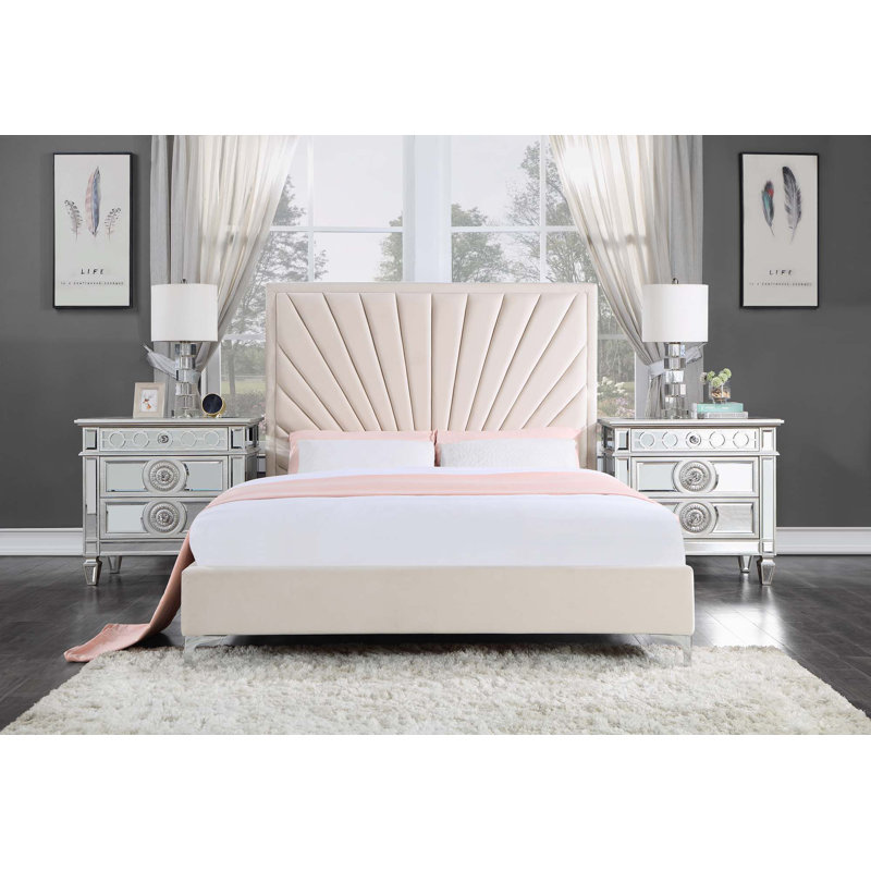 Lit en bois moderne Brianie, tête de lit à panneau capitonné, beige, Grand