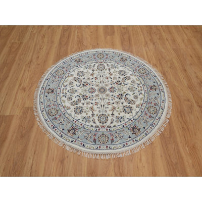 4'2"x4'2" Rice White, Nain with All Over Design, 250 KPSI, Soft Pile, Wool and Silk, Hand Knotted, Round, Oriental Rug