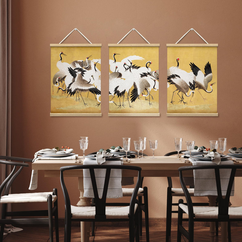 Lumineux animaux BCBG, majestueuses grues en mouvement, affiche murale asiatique traditionnelle, encadrée en bois