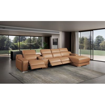 Canapé modulaire cognac en cuir italien de qualité supérieure 5 pièces Cognac avec 3 fauteuils inclinables électriques et appuis-tête réglables