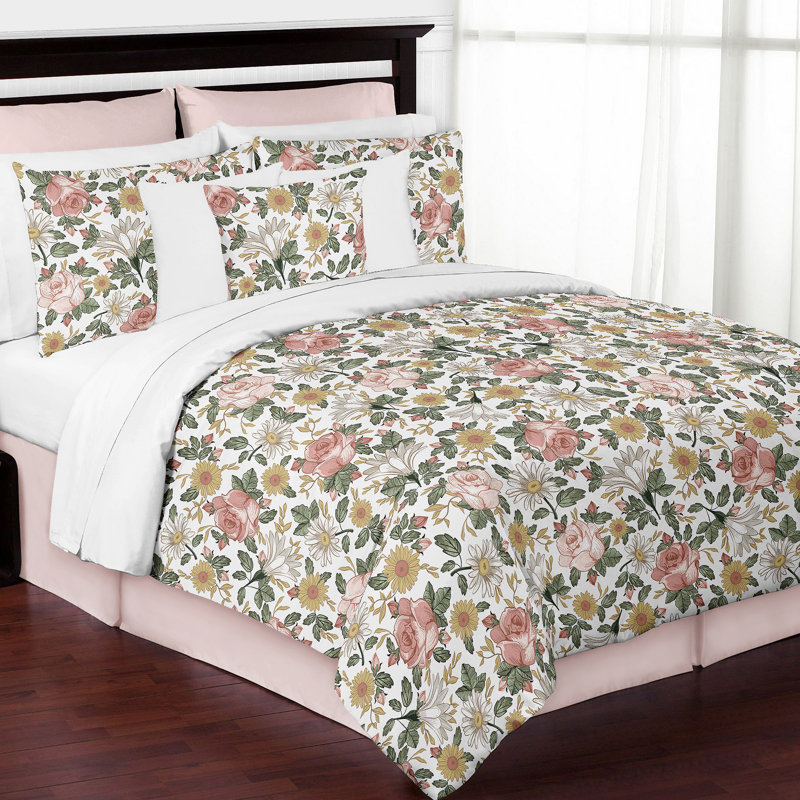 Pink and Green Floral Microfiber Full Bedding Set
