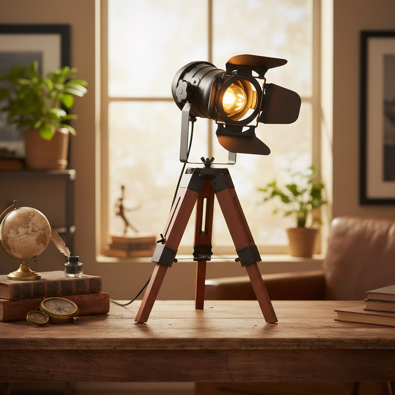 Novan Vintage Industrial Tripod Table Lamp, Adjustable Spotlight Accent Light with Wooden Stand, Retro Cinema Style Lamp for Living Room, Bedroom, Office Decor
