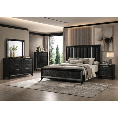 Ensemble de chambre à coucher moderne à panneau tapissier à DEL en noir