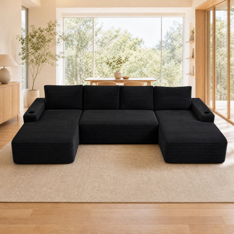 Canapé d'angle modulaire moderne en forme de U de 133,4 po, sans ossature apparente, avec méridienne profonde et assise rembourrée en velours côtelé, idéal pour le salon. Aucun assemblage requis.