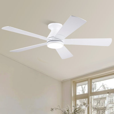 52" 5-blade Flush Mount Ceiling Fans With Lights and Remote, 6 Wind Speeds And Reversible, Modern Low Profile Fan Light For Indoor/covered Outdoor