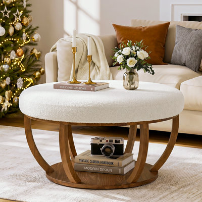 31.5 Inch Round Storage Ottoman Coffee Table, Large Circle Footrest Ottoman with Solid Wood Frame, Upholstered Coffee Table for Living room, Bedroom, White & Brown