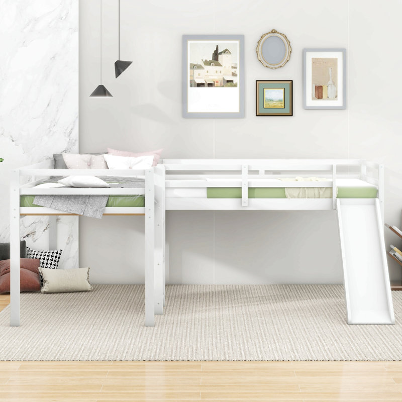 L-Shaped Twin Size Loft Bed With Ladder And Slide, White