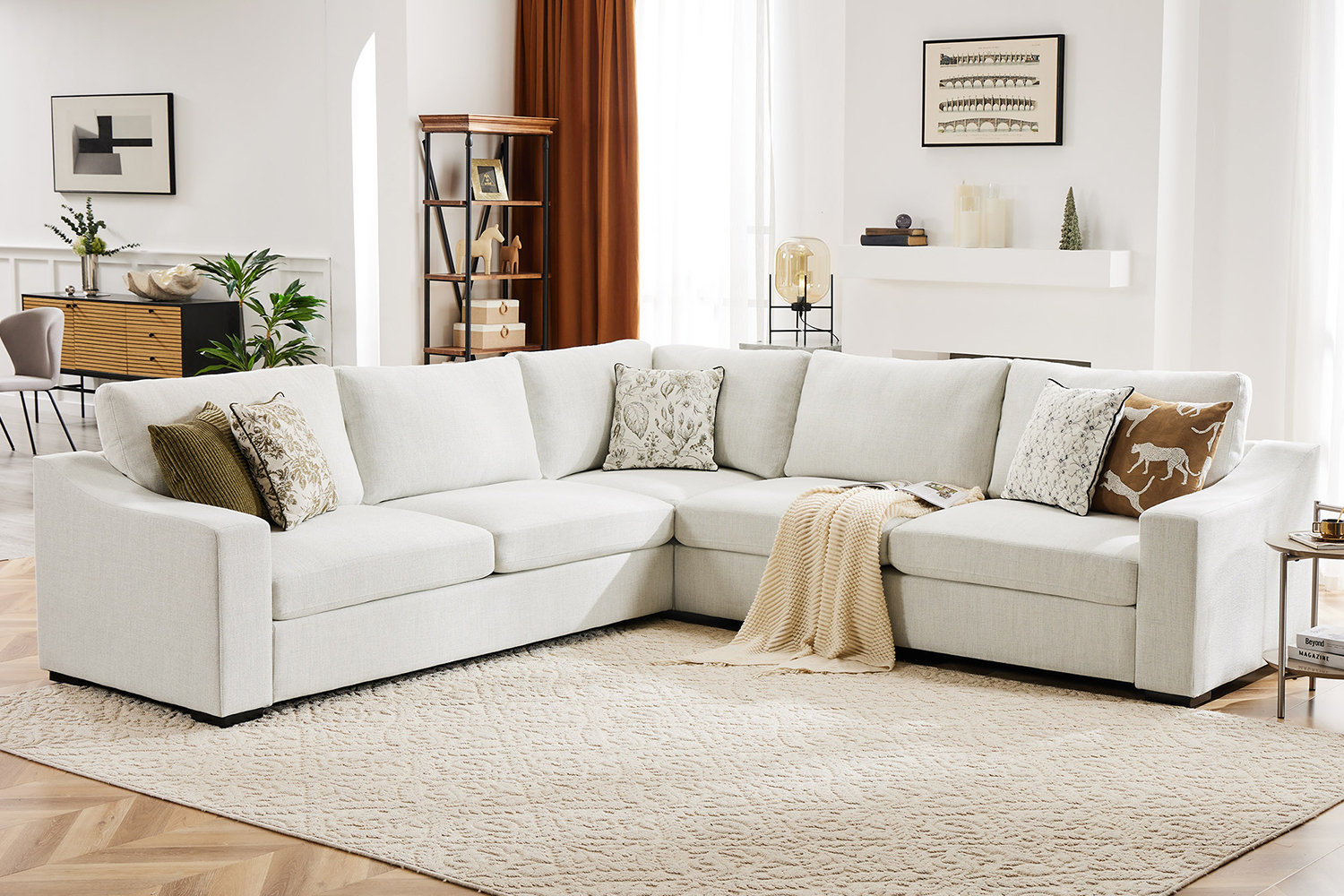 112" L-Shaped Sectional Sofa With Sloped Arm Design-Linen - Ivory