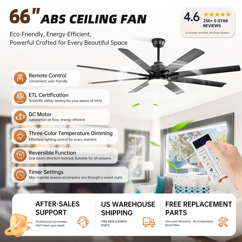 Brixham 66 in. Smart Ceiling Fan with Dimmable LED Light, Reversible DC Motor, and Remote Control, Black with Black Blades