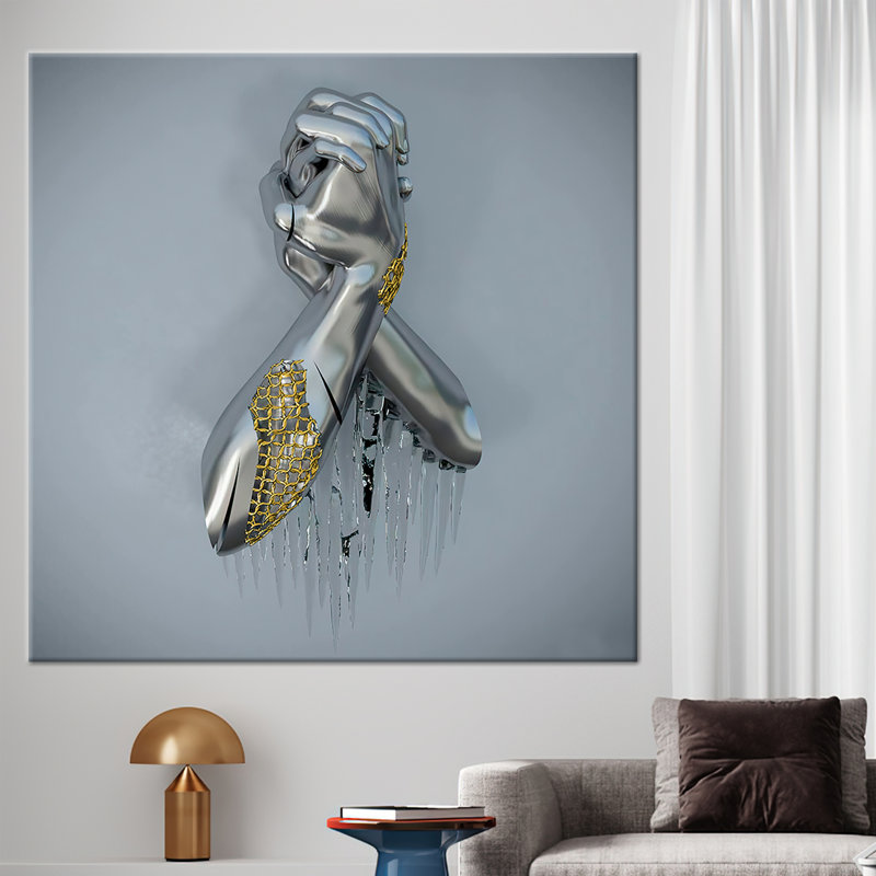 3d Metallic Hand Wall Art, Trendy Artwork, Metallic Hand Art Canvas, Modern Wall Art, 3d Silver Metallic Canvas Art, 3d Effect Printed,