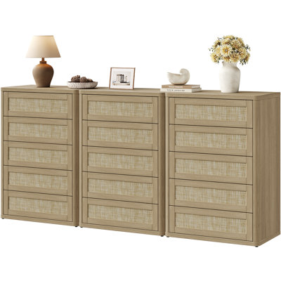 Boho-Rattan 5-Drawer Dresser, 40.5" Tall Bedroom Storage Chest for Small Spaces