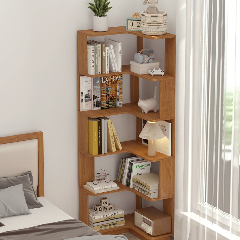 Corner Bookcase, 5 Tier Freestanding L-Shaped Corner Bookshelf, Dark Oak