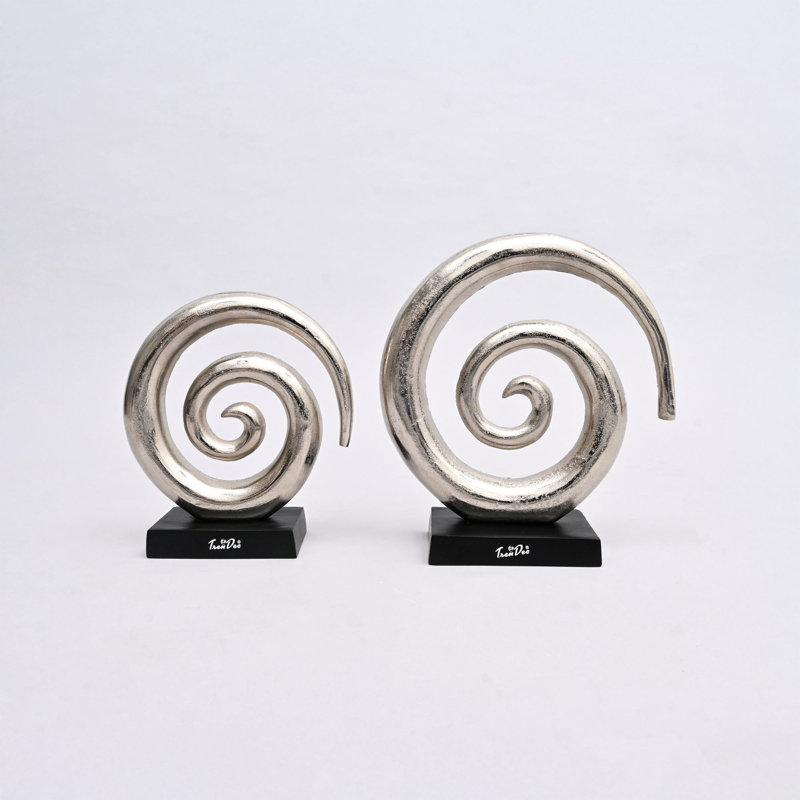Sculptures abstraites en aluminium tourbillon avec base noire - décor moderne, ensemble de 2