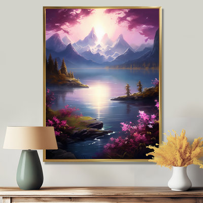 Pink Mountain Sunset Over Flower Lake - Lake Wall Art Print