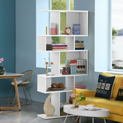 5-Tier Wood Geometric Bookshelf With S Shaped Design