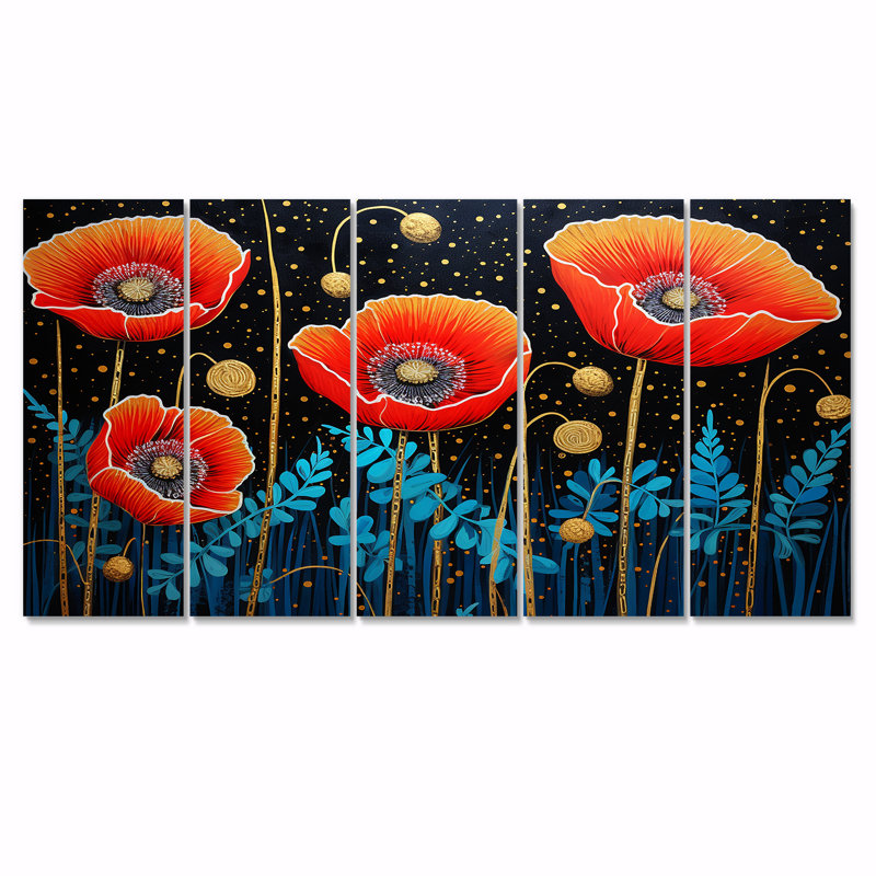 Torquay - Art mural coquelicot 5 pièces, H 32 po x l 80 po