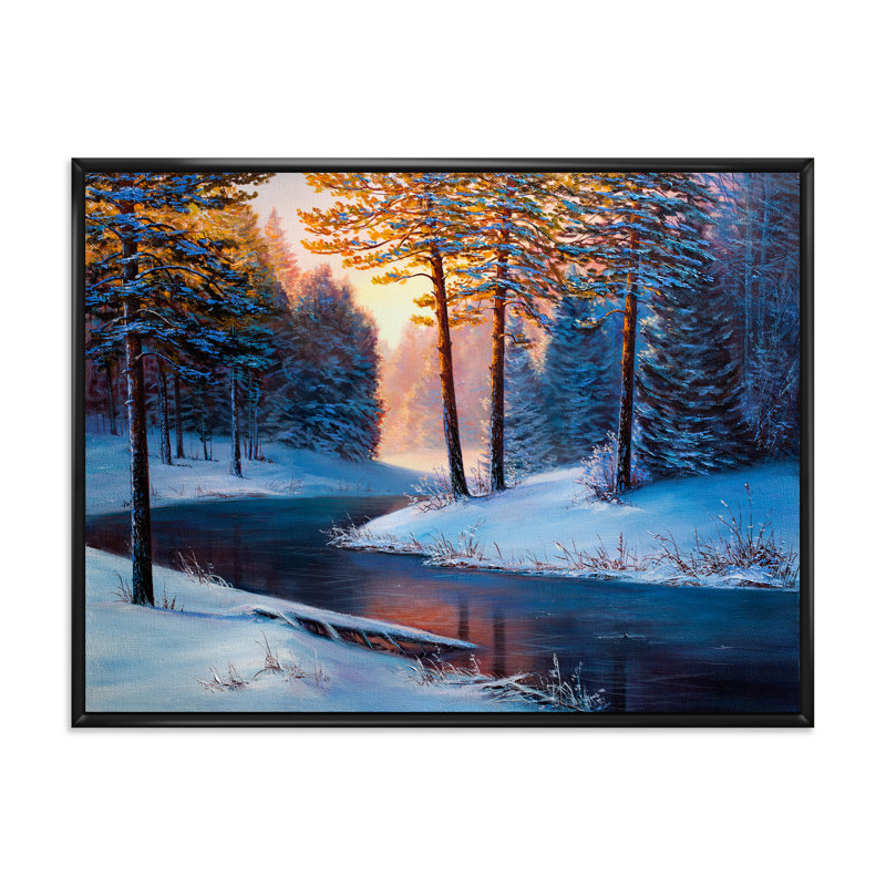 «Sunshine Through The Christmas Forest By The River», peinture sur toile, H 30 po x l 40 po x 1,5 po, Cadre flottant noir