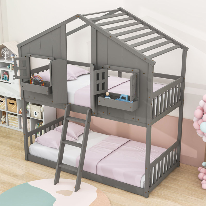 Twin Over Twin Wood House-Shaped Bunk Bed With Window Box, Roof, Door And Ladder, Gray