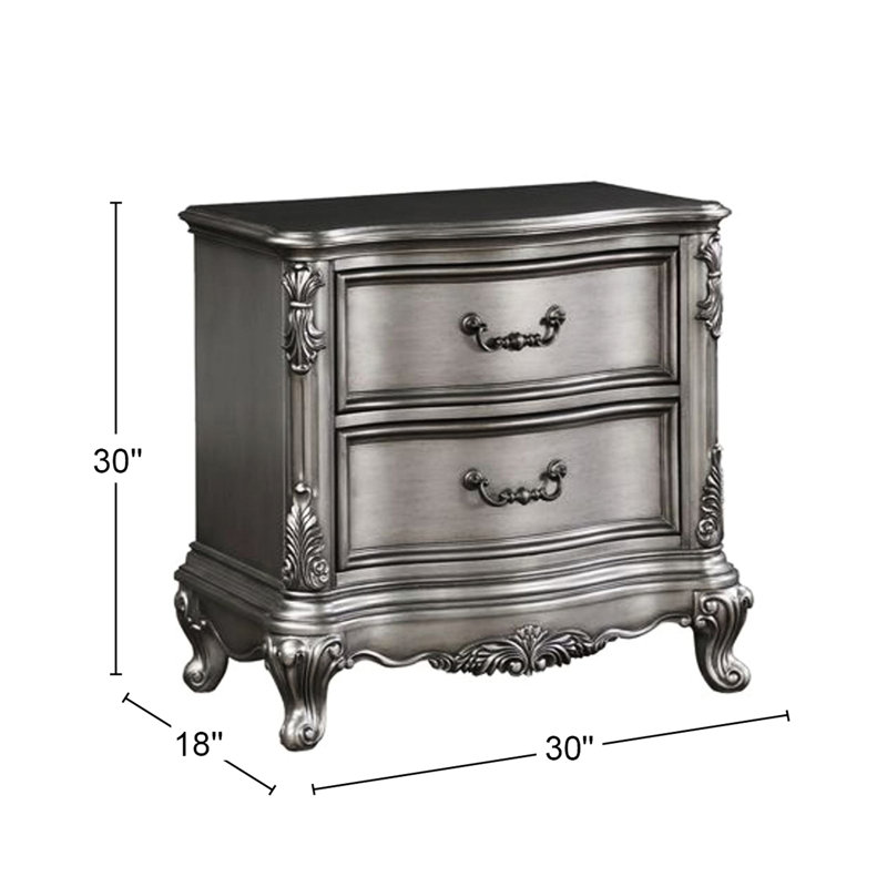 Table de chevet argentée antique avec 2 tiroirs - Structure en bois, conception élégante dans un design carré, structure