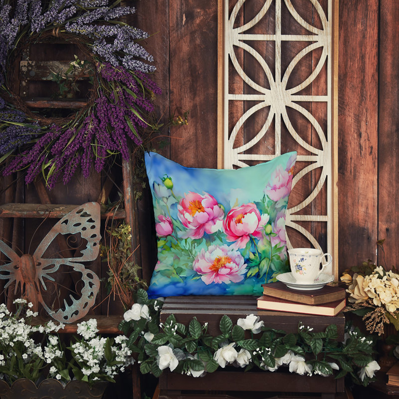 Coussin Pe pivoines à l'aquarelle, H 14 po x l 14 po