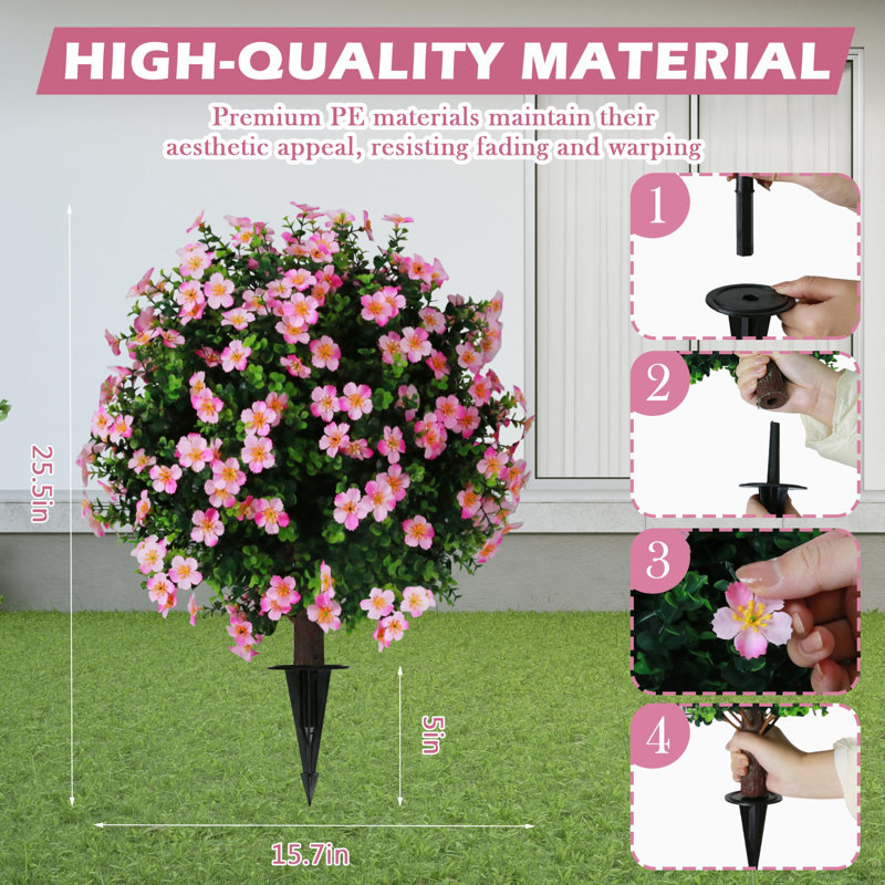 Artificial Boxwood Topiary Ball Trees with Pink Flower (Set of 2), Pink