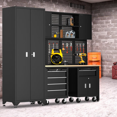 6 Piece Garage Cabinets Storage System: Includes Steel Cabinets, Drawers, Rolling Chest and Pegboard, Garage Workbench with Storage - Perfect for Organizing Garage and Tools, Black