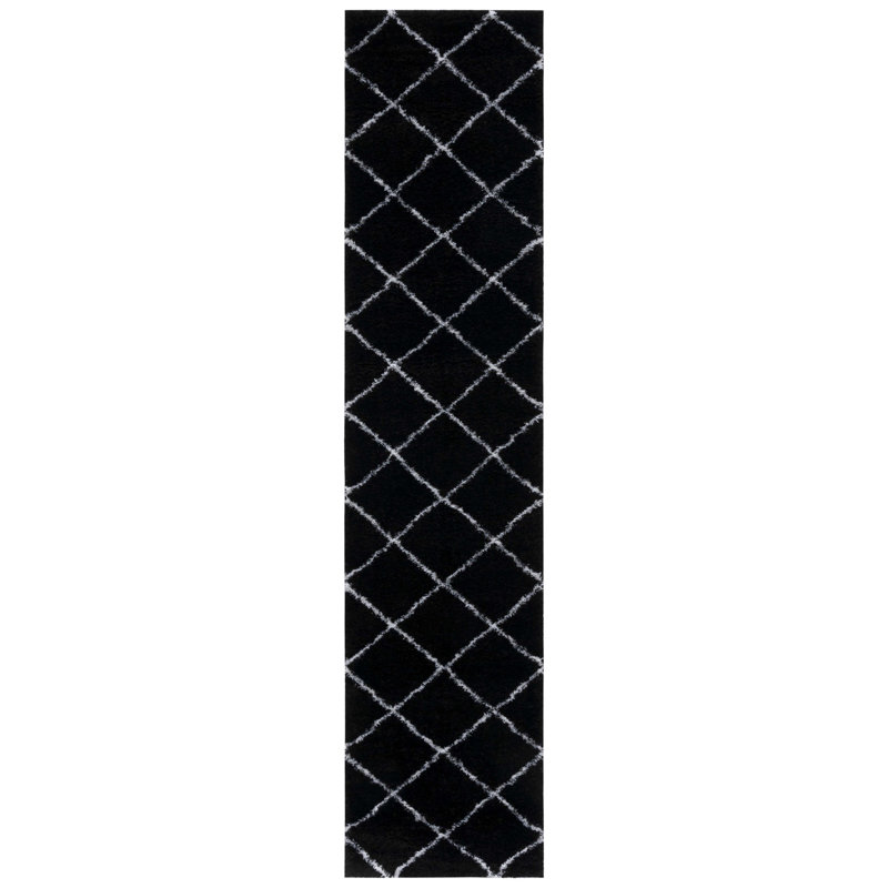 Tapis noir et blanc à motif géométrique, Tapis de couloir 2 pi x 9 pi