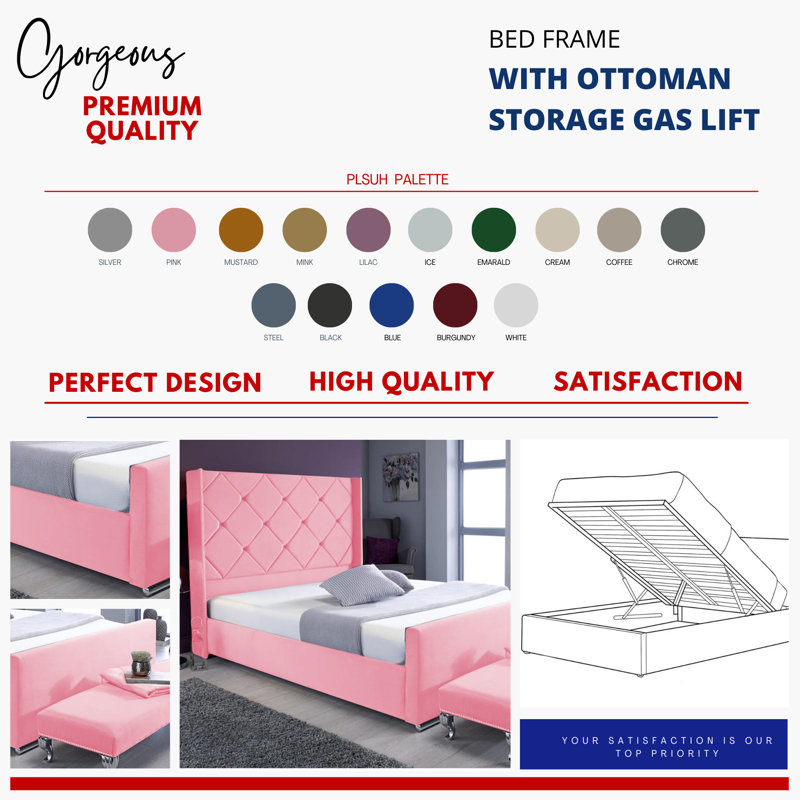 Upholstered Ottoman Storage Bed, Pink, Super King (6')